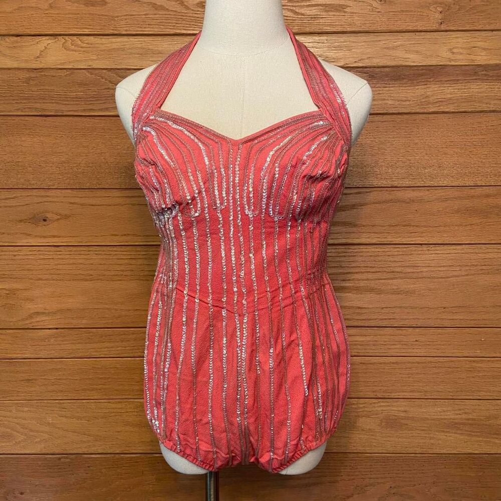 Vintage Alix of Miami pink sequin iridescent halter pin up one piece swimsuit